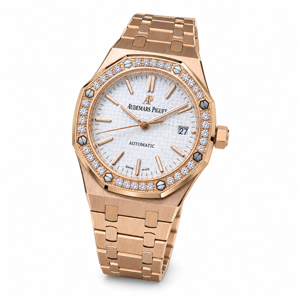 Audemars Piguet Royal Oak Automatic Rose Gold Diamond Bezel White Dial