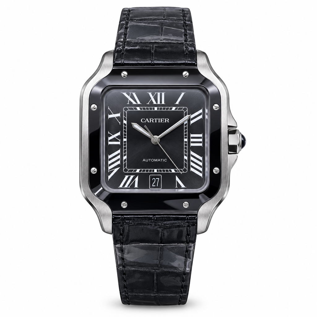 Cartier Santos Automatic Black Ceramic Bezel Alligator Leather Luxury Watch Swiss Made