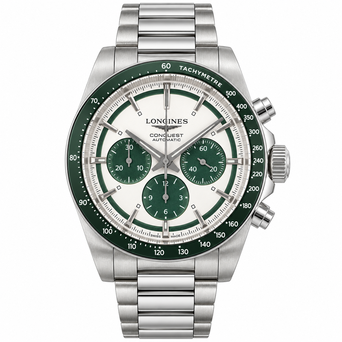 Longines Conquest Automatic Chronograph White Dial Green Bezel Steel Bracelet