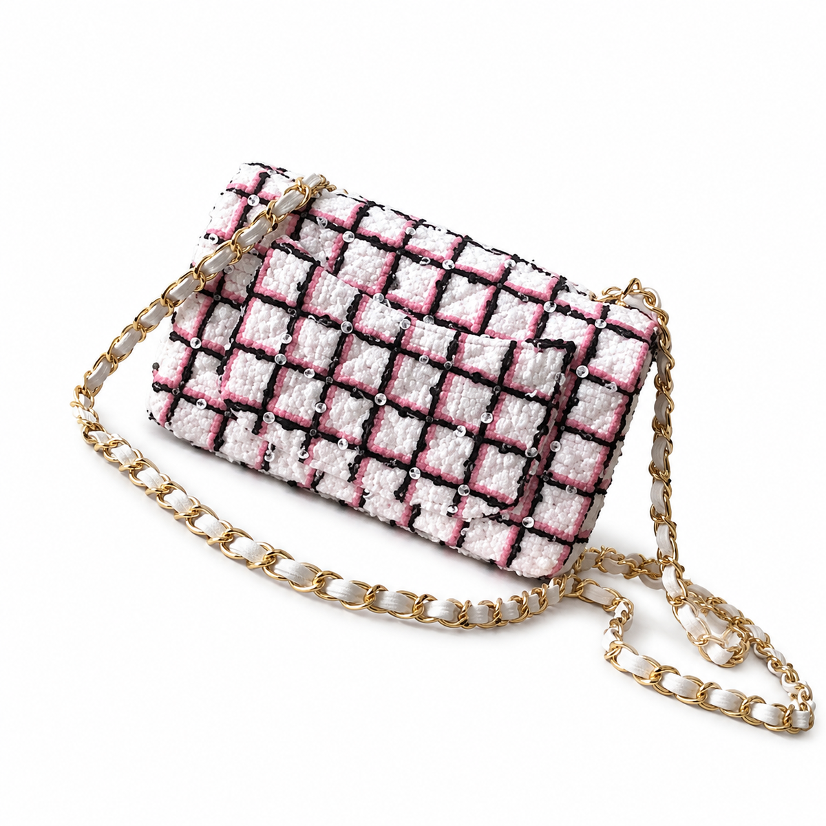 Chanel Tweed Crystal Flap Bag | Gold Chain Pink White Black — 20cm