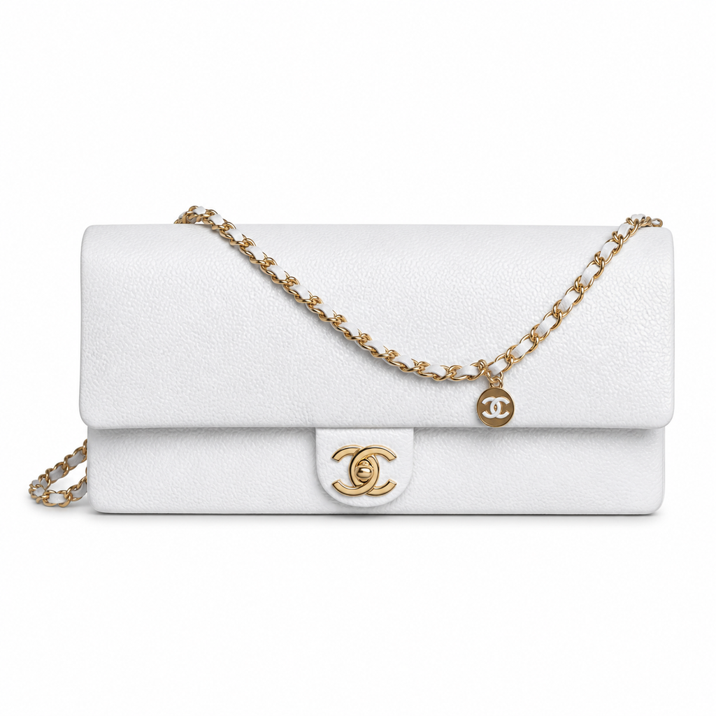 Chanel White Caviar Classic Flap Bag CC Charm