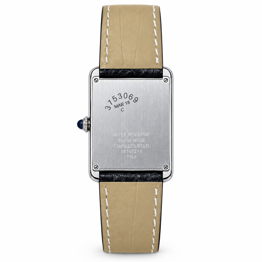 Cartier Tank Solo Large Stainless Steel Diamond Bezel White Dial Black Alligator Strap Watch