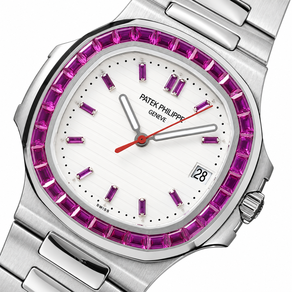 Patek Philippe Nautilus Pink Sapphire Baguette Steel White Dial