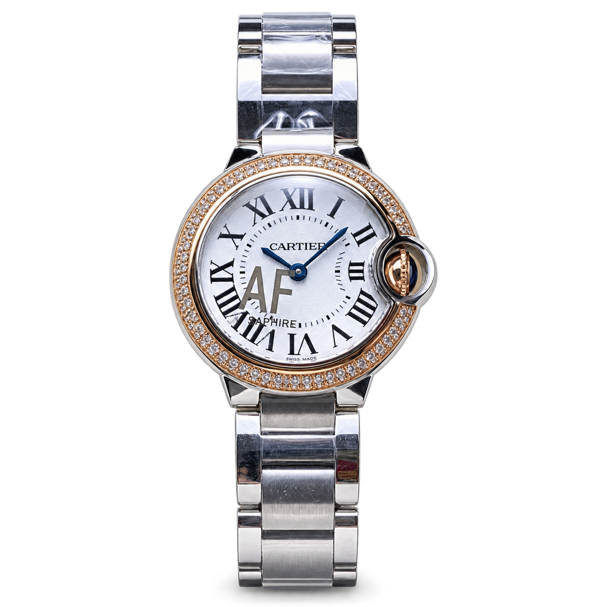 Cartier Ballon Bleu Small Stainless Steel Rose Gold Diamond Bezel White Dial Two-Tone Bracelet Watch