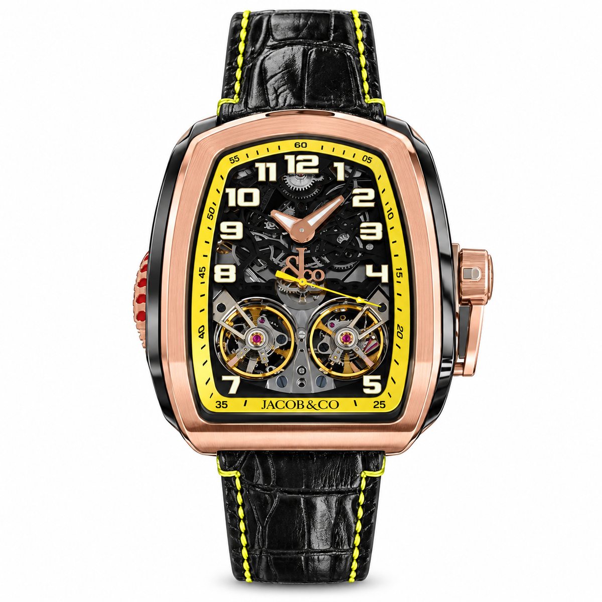 Jacob & Co. Palatial Flying Tourbillon Rose Gold Double Skeleton Yellow Black Leather Watch