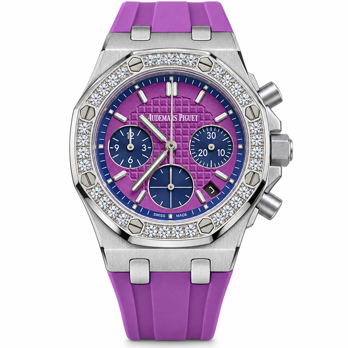 Audemars Piguet Royal Oak Offshore Ladies Chronograph Steel Diamond Bezel Purple Mega Tapisserie Dial Navy Sub-dials Purple Rubber Strap