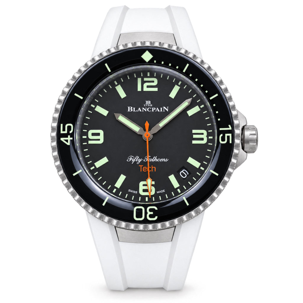Blancpain Fifty Fathoms Tech black dial with orange seconds hand and white rubber strap