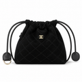 Chanel Quilted Suede Drawstring Bucket Bag Black Gold Hardware
