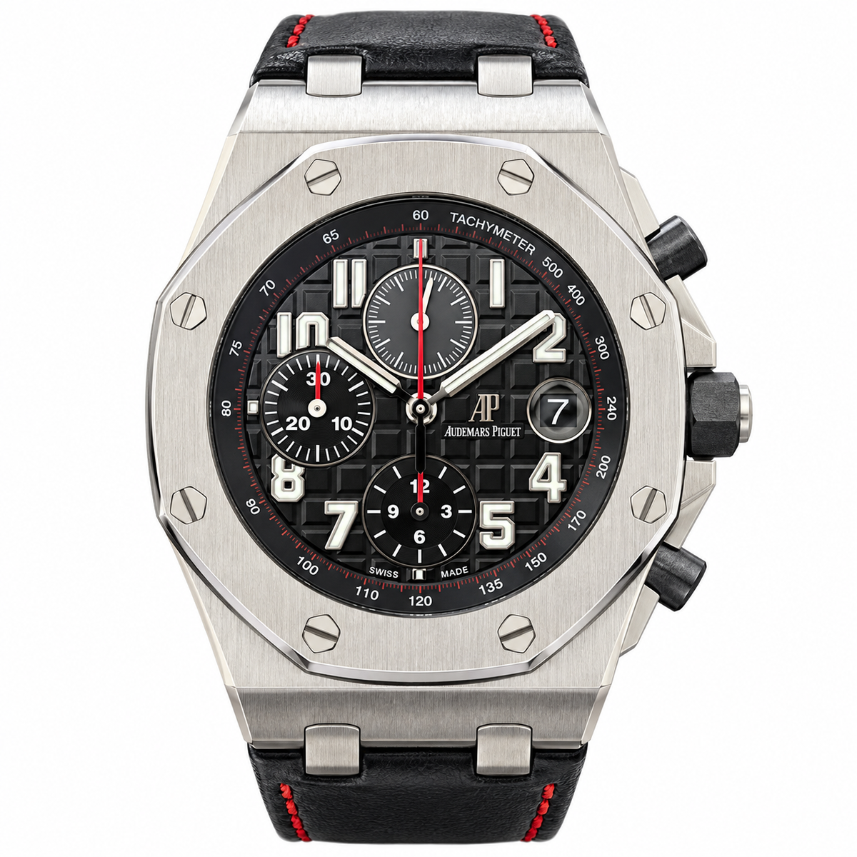 Audemars Piguet Royal Oak Offshore Chronograph Black Mega Tapisserie Dial Red Seconds Hand Leather Strap