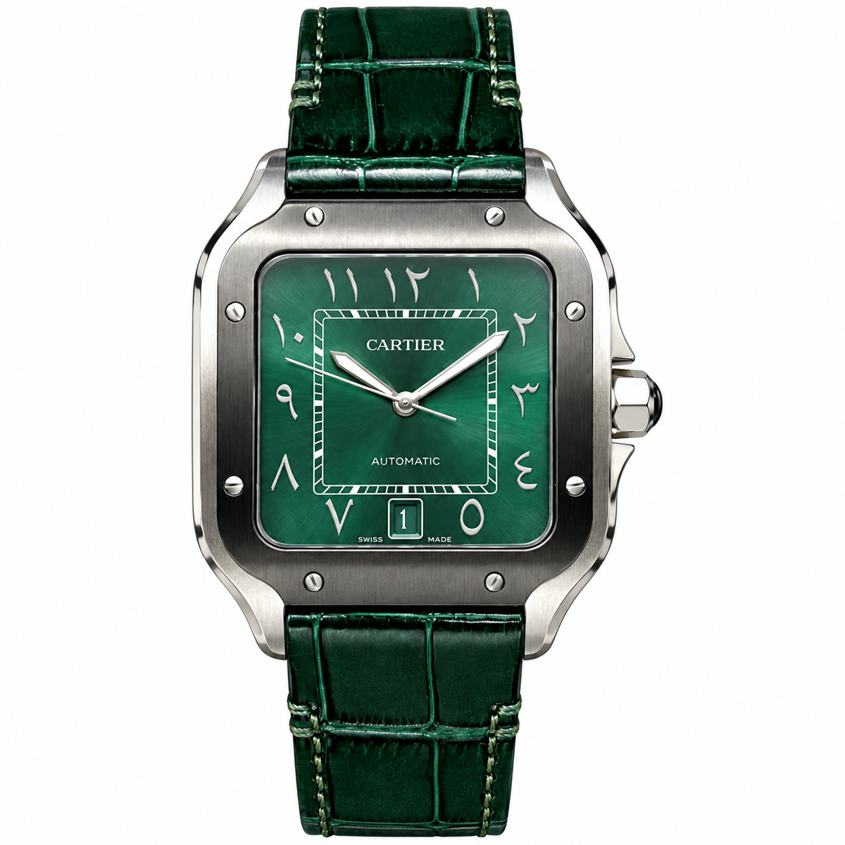 Cartier Santos de Cartier Arabic Numerals Emerald Green Dial Stainless Steel Green Alligator Strap Watch