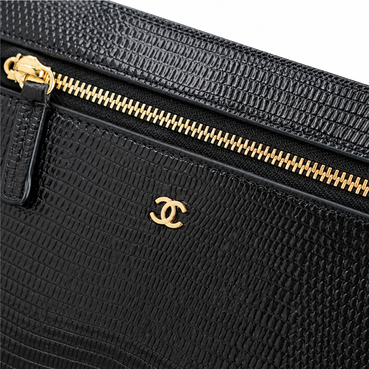 Chanel Vanity Case Black Lizard-Embossed Gold Hardware 18cm