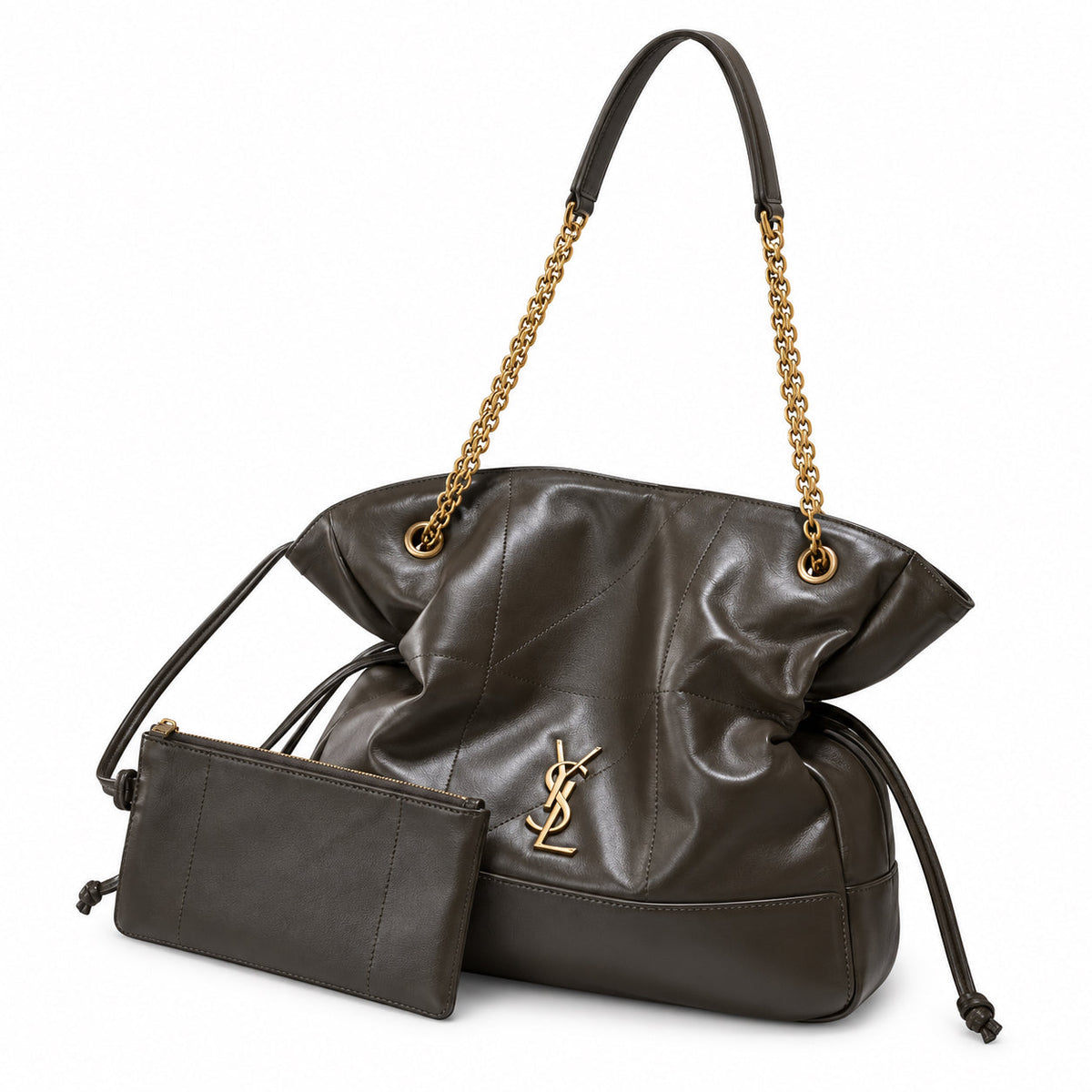 YSL Saint Laurent Bougeoir Drawstring Tote in Khaki Quilted Leather