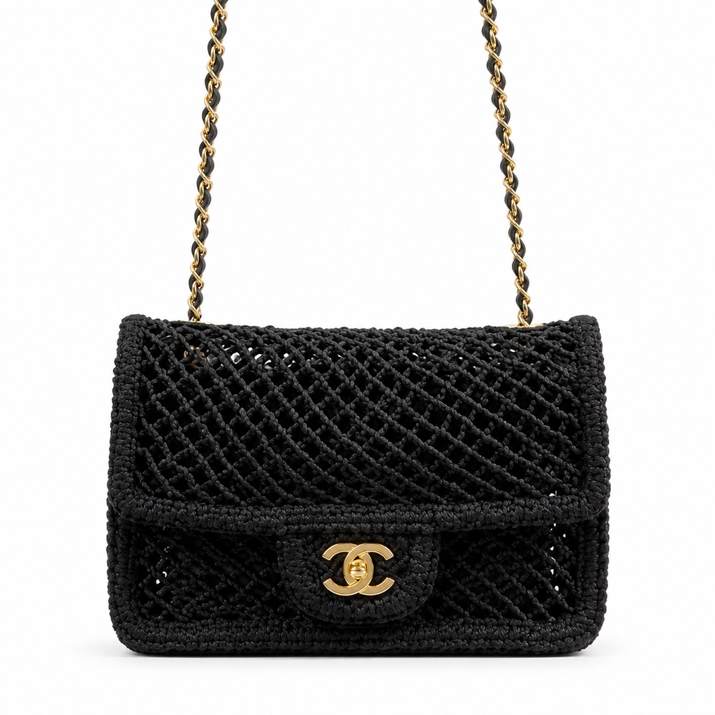 Chanel Black Chunky Crochet Classic Double Flap | Large Gold CC — 21cm