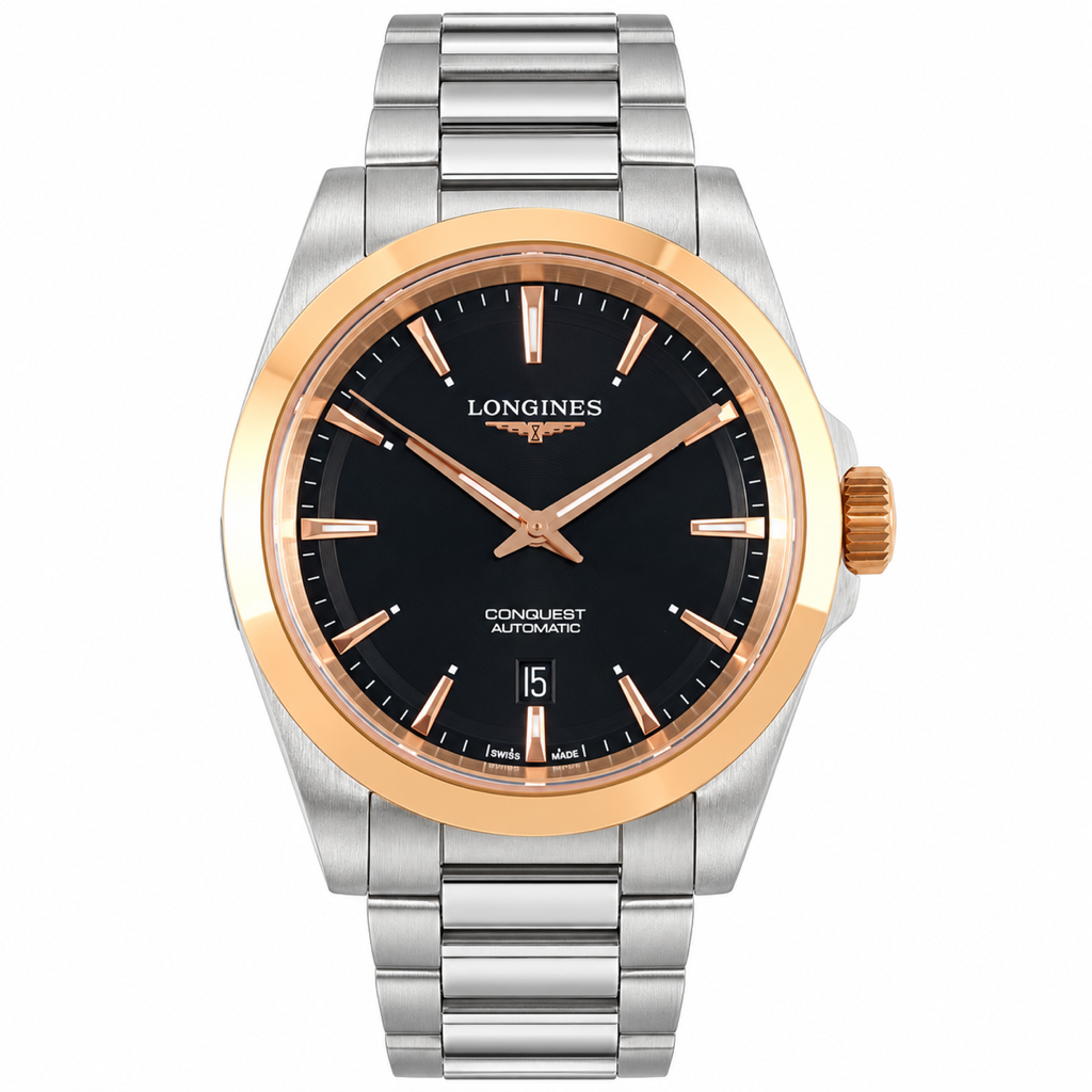 Longines Conquest Automatic Black Dial Rose Gold Bezel Two-Tone