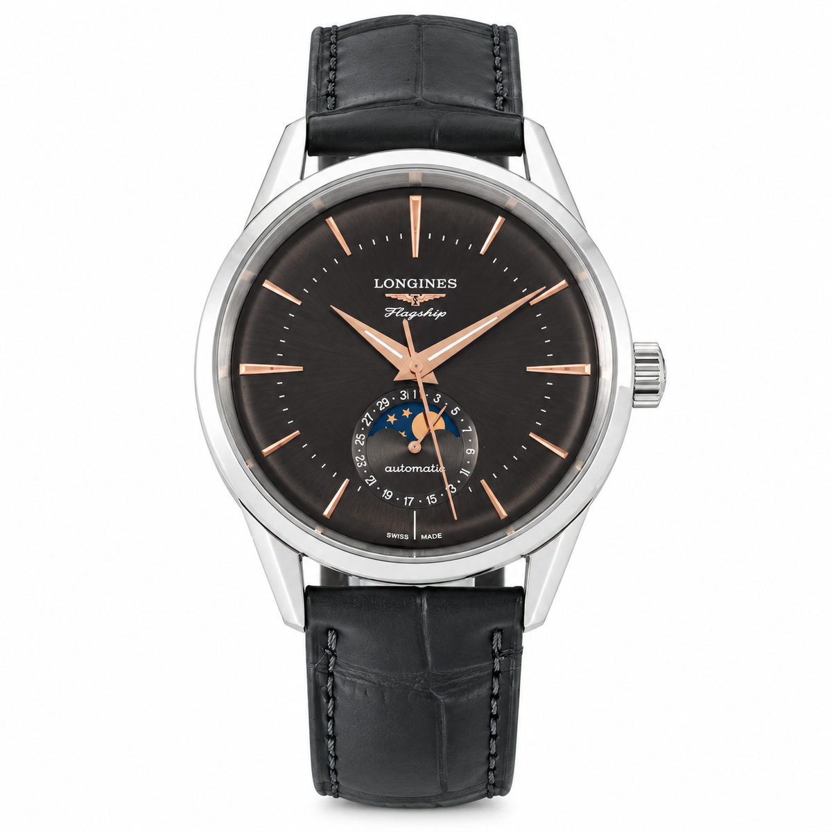Longines Flagship Automatic Moon Phase Black Dial Rose Gold