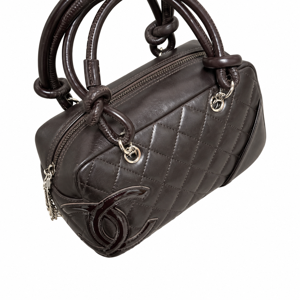Chanel Cambon Dark Brown Quilted CC Bowler Bag Silver Hardware