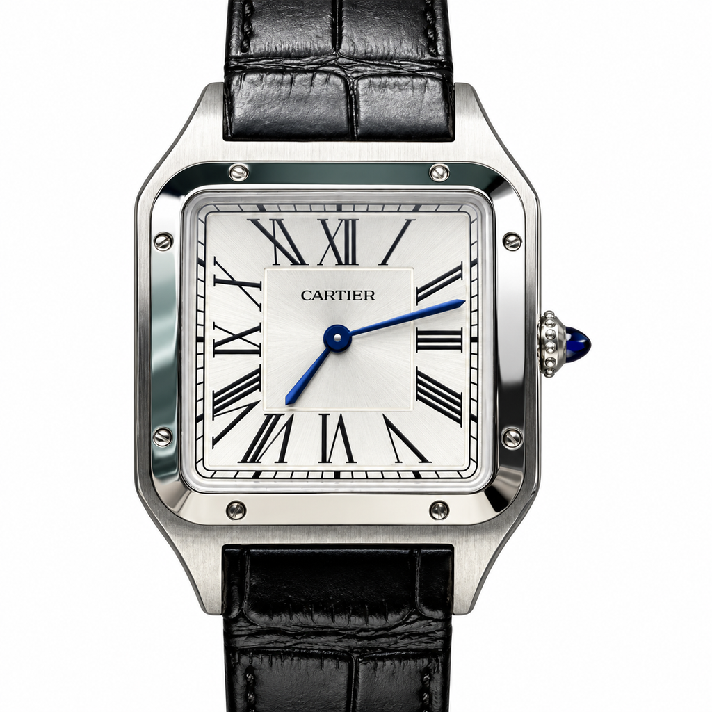 Cartier Santos-Dumont Large Steel Silver Dial Manual Black Strap Watch – KDY