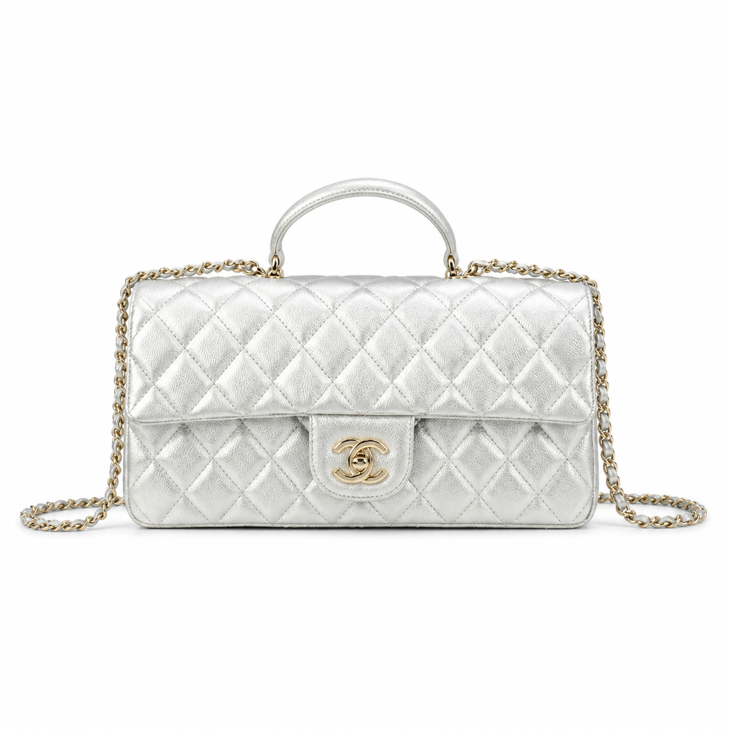 Chanel Classic Flap Top Handle Silver Quilted Gold Hardware