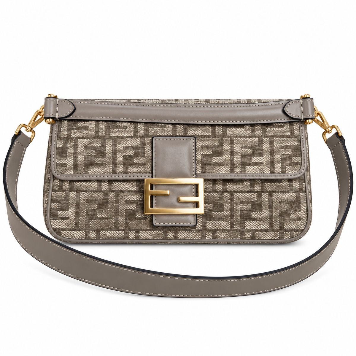 Fendi FF Shoulder Bag – Jacquard Canvas & Leather Trim, Flap Closure, 24cm