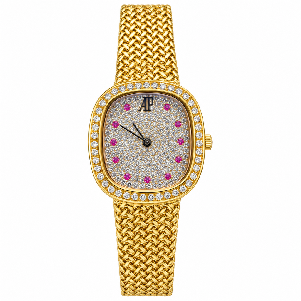 Audemars Piguet Ladies Cushion Yellow Gold Diamond Pave Dial Ruby Hour Markers Diamond Bezel Woven Bracelet