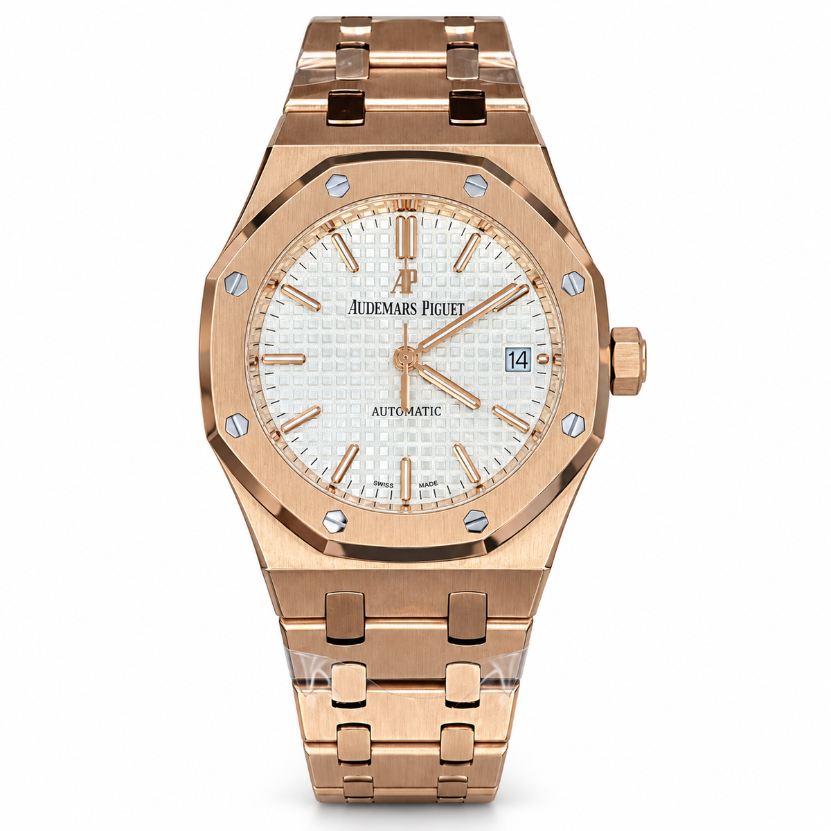 Audemars Piguet Royal Oak 41mm 18K Rose Gold White Petite Tapisserie Dial Rose Gold Indexes Hands AP Monogram Automatic Date Integrated Bracelet Ref 15500OR
