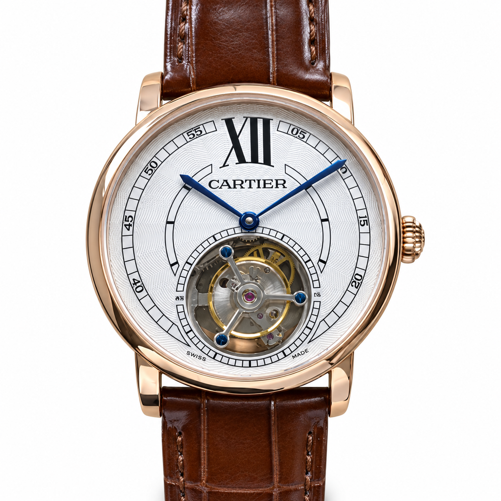 Cartier Rotonde Rose Gold Tourbillon Silver Dial Brown Strap Watch – KDY