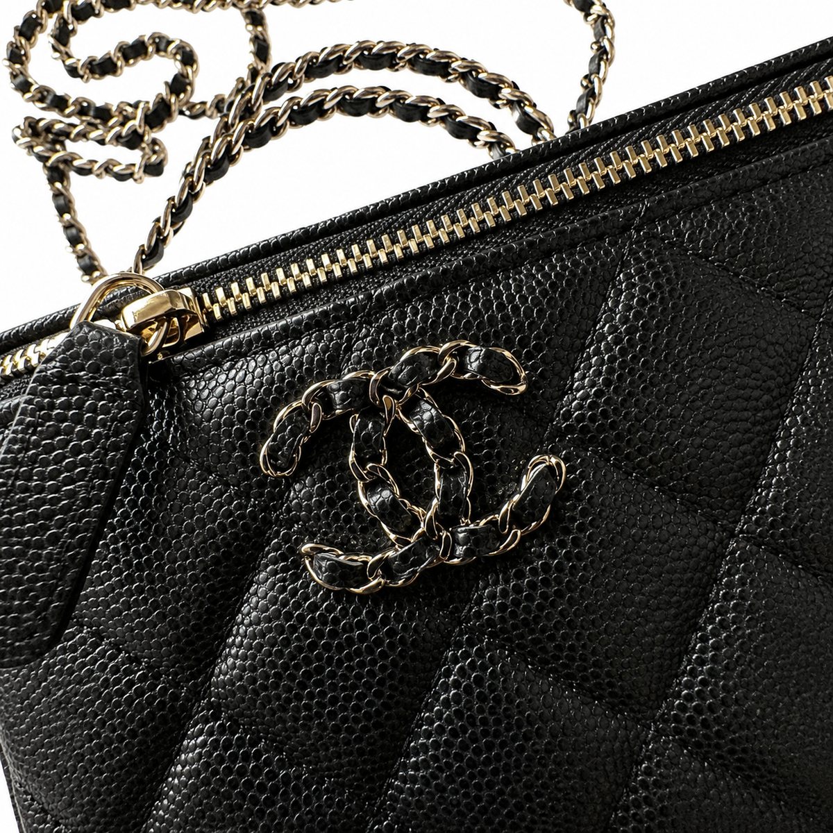 Chanel Black Diagonal Quilted Caviar Vanity Box Bag | Chain Top Handle & Silver Chain