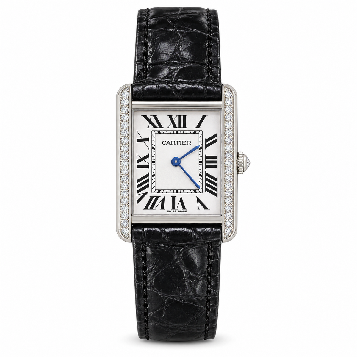 Cartier Tank Solo Large Stainless Steel Diamond Bezel White Dial Black Alligator Strap Watch