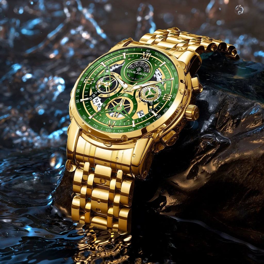 LOUIE JUELEN Luxury Chronograph Watch 42mm | Gold & Emerald Green Skeleton Dial